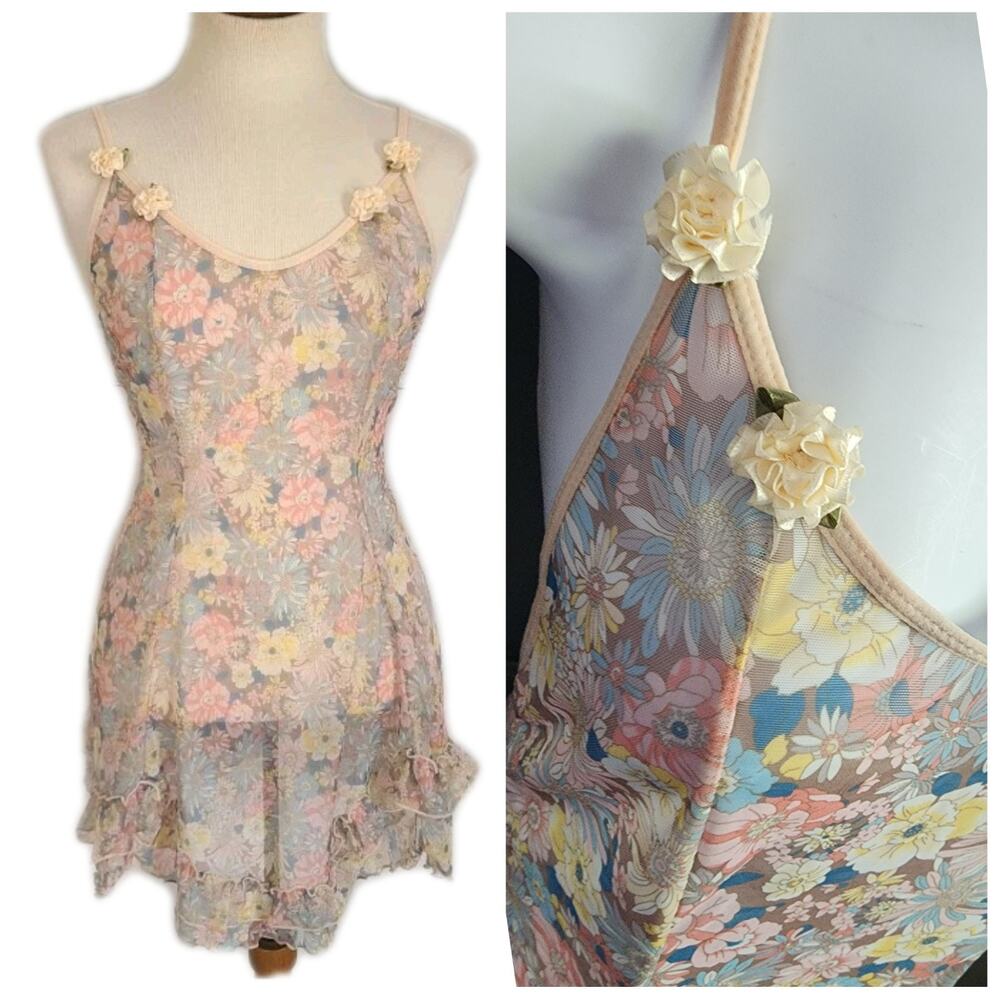 Mesh Sheer Ruffle Hem Mini Romantic Floral Festival Dress Lingerie Flower Accent